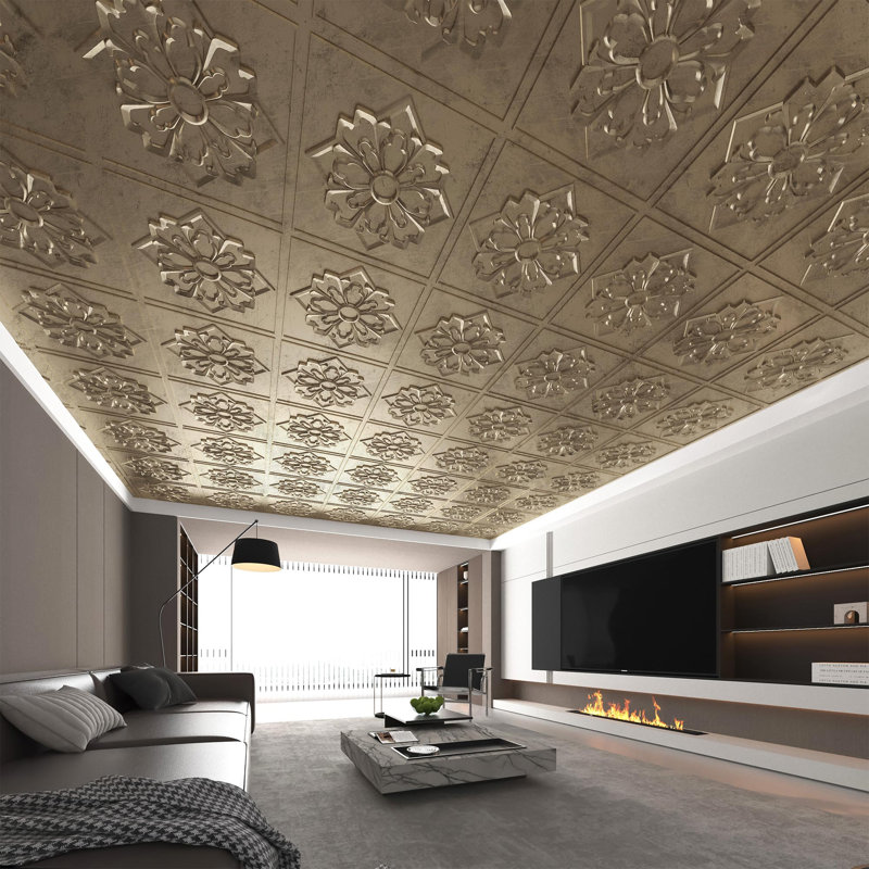 Carreau de plafond texturé à coller et à suspendre en PVC L 24 po x l 24 po Art3d pour la décoration intérieure (ensemble de 12)