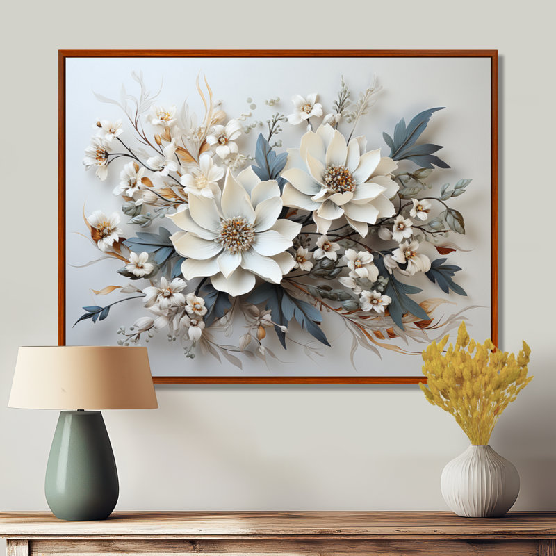 Fleurs saisonnières charme en hiver I - art mural de fleurs saisonnières, H 34 po x l 44 po x P 1,5 po, Cadre flottant brun