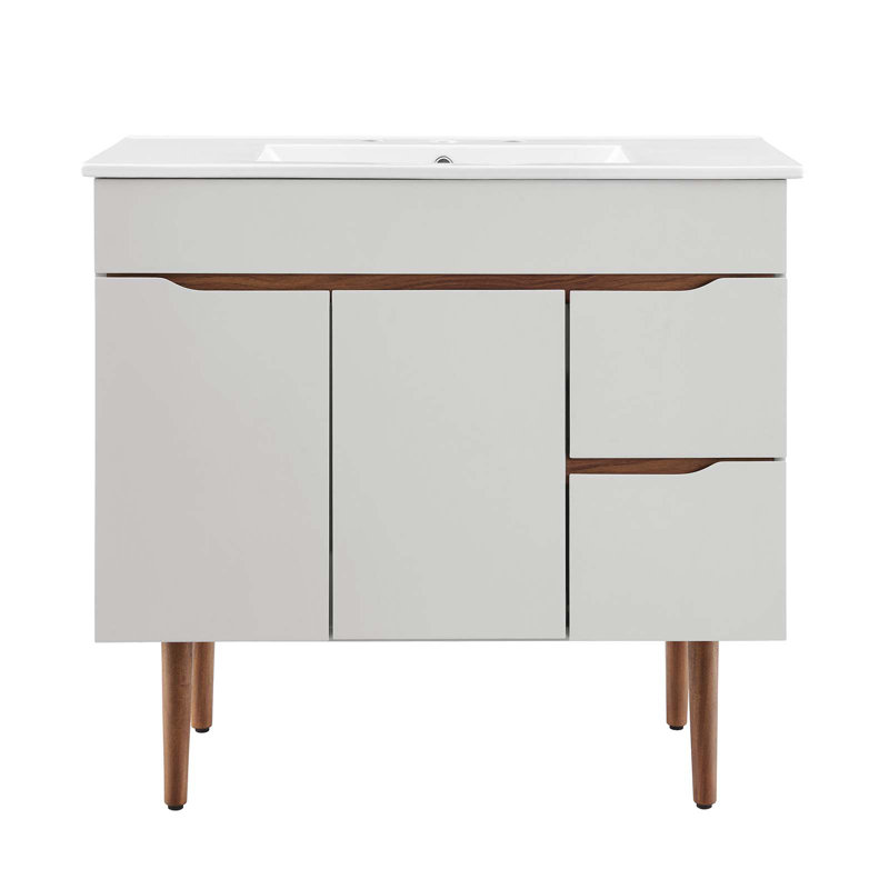 Gray White Mahogany Wood 36" Mid-Century Modern Bathroom Vanity