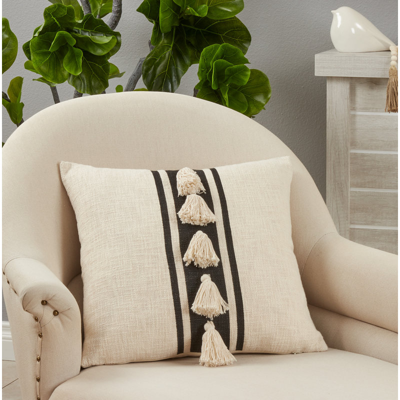 Delong Collection Tassels Cotton Throw Pillow, Black, Polyester/Polyfill