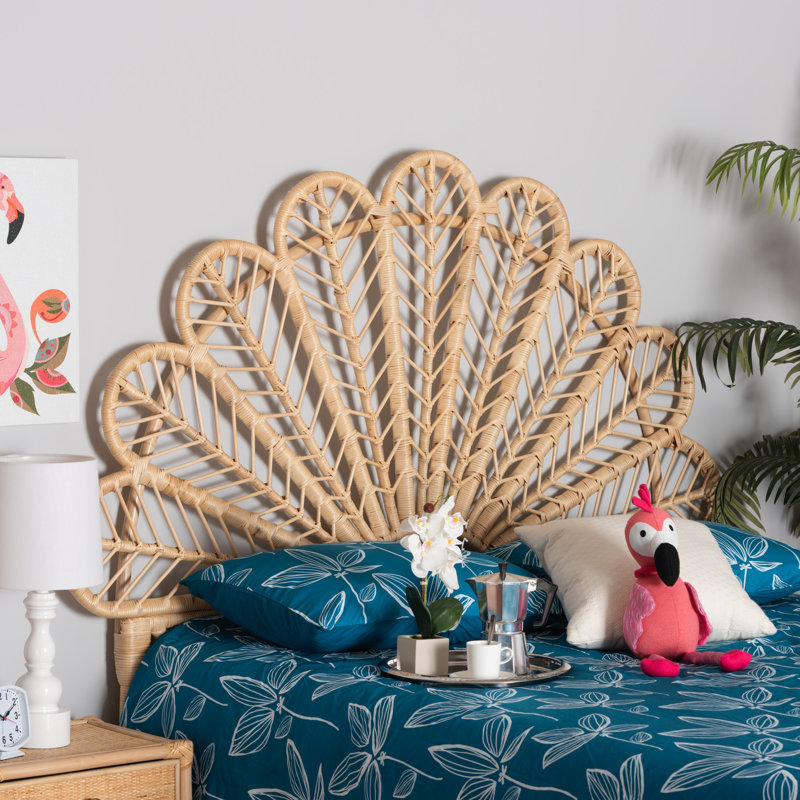 Natural Brown Rattan Queen Size Peacock Design Headboard