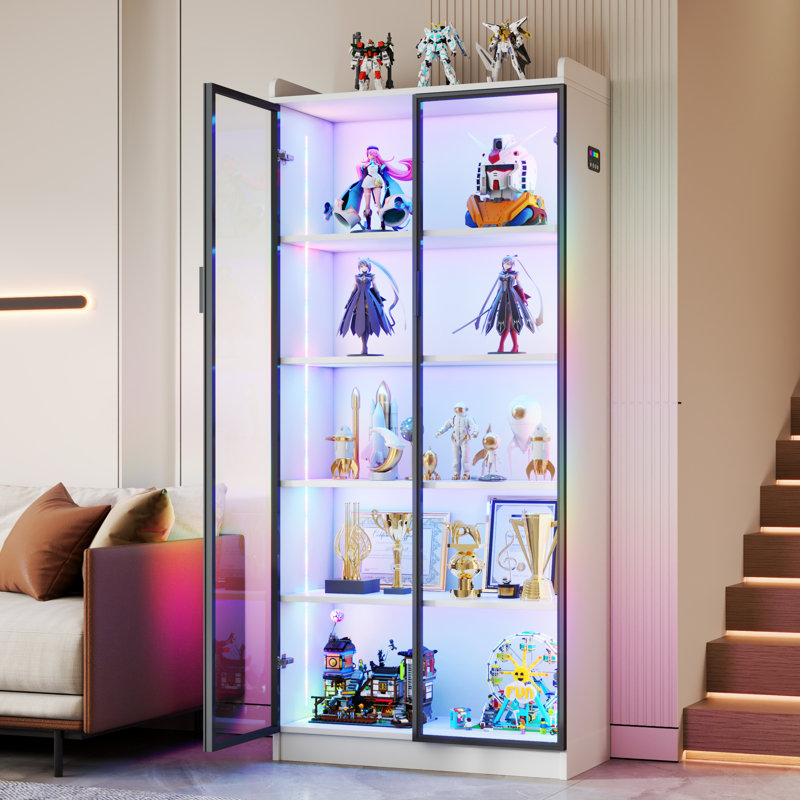 Vitrine H 65 po avec portes en verre et lumière RVB, Blanc