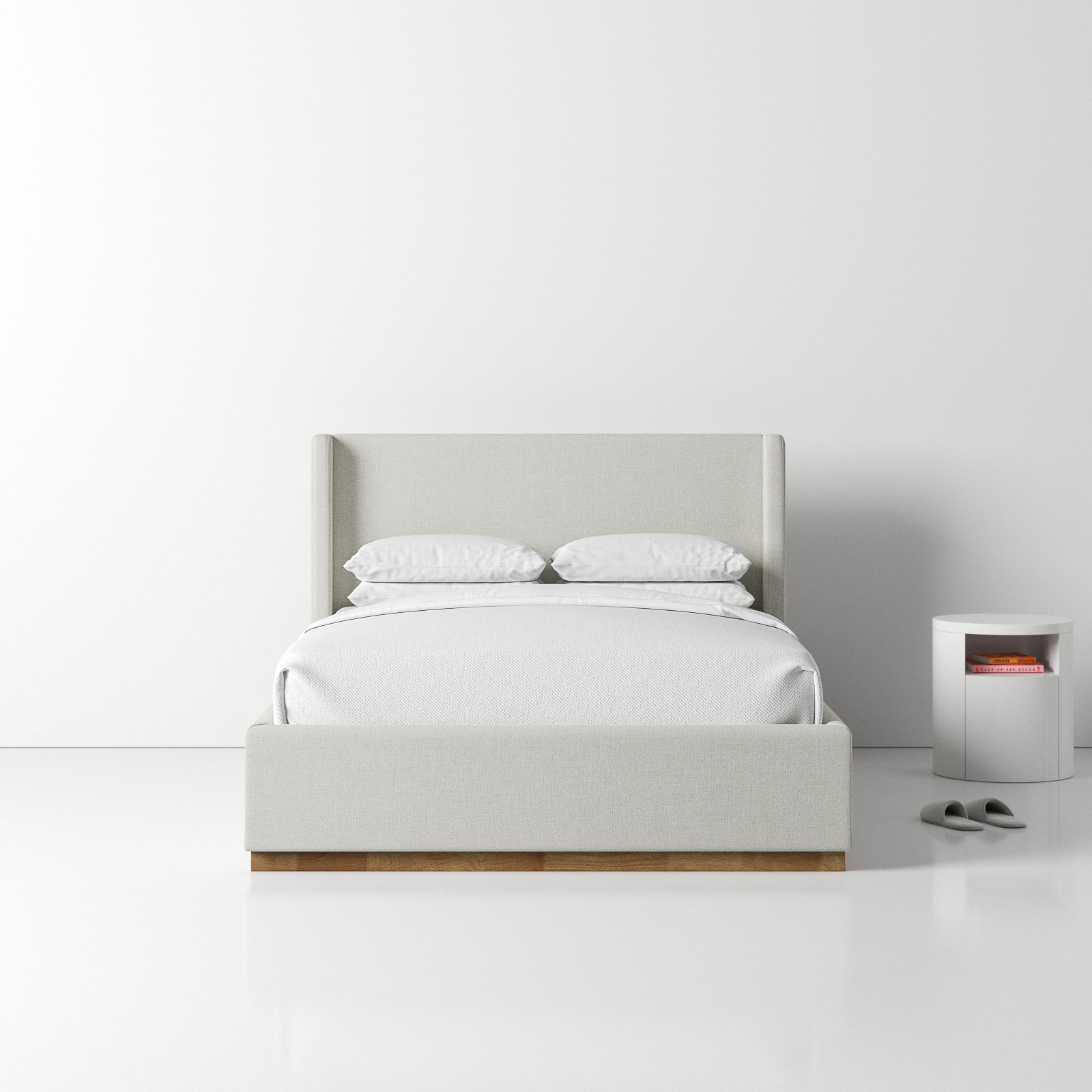 Upholstered Panel Bed, Queen, Cream Linen Textured Fabric