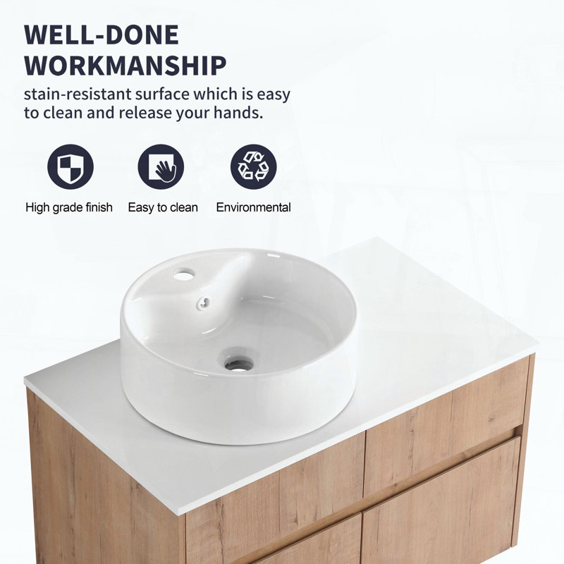 32 Wall-Mounted Bathroom Vanity with Ceramic Art Basin, Imitative Oak + Round Sink