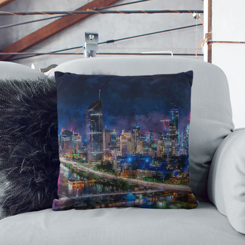 Brisbane City Skyline Australia Cushion with Filling, 40cm H x 40cm W x 15cm D, White