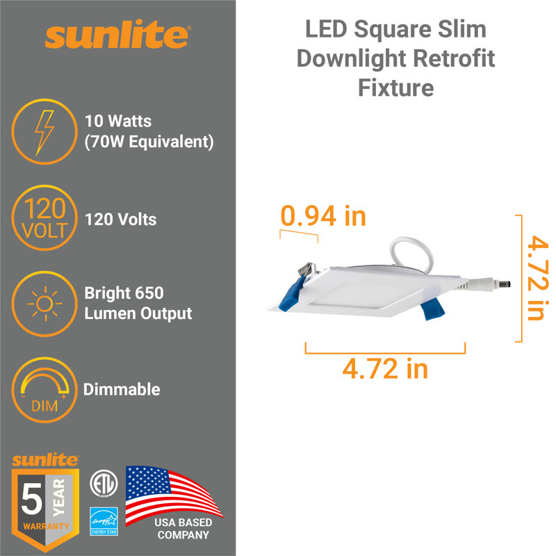 Paquet de 6, 4 po DEL, à intensité variable, homologué ETL, finition blanche, luminaire carré mince, super blanc 5000K