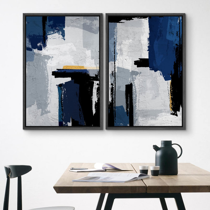 Formes abstraites géométriques géométriques bleues et grises de peinture d'art moderne Zen, 2 pièces, Noir, H 36 po x l 24 po