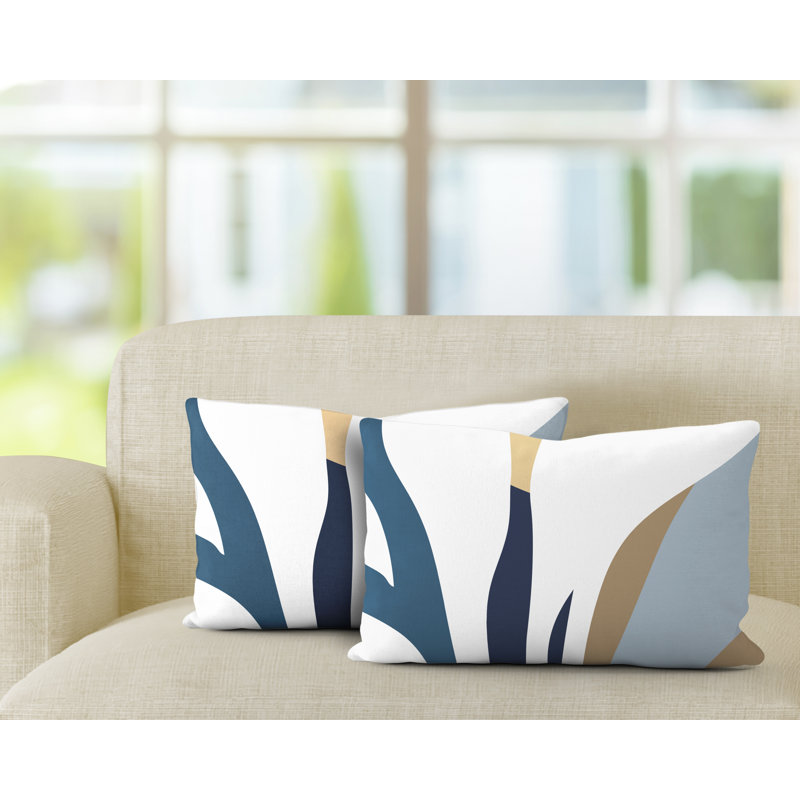 Embroidered Outdoor Reversible Throw Pillow, Blue/Navy Blue/Beige
