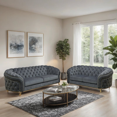 VERX- 2-Piece Premium Flannelette Classic Chesterfield Living Room Sofa Set