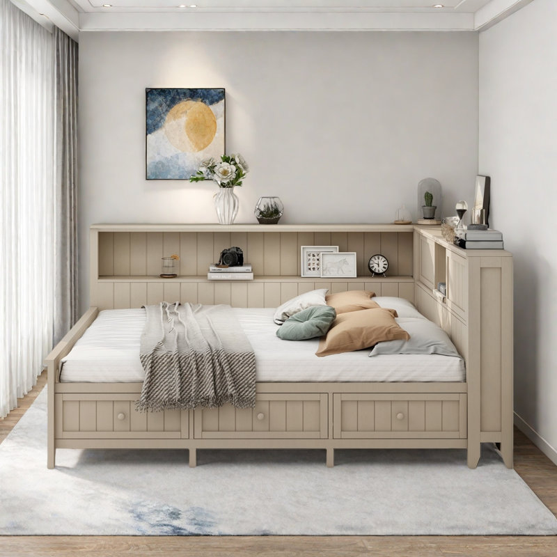 Wood Daybed With Storage Shelves, Sliding Doors And 3 Drawers, Full/Double
