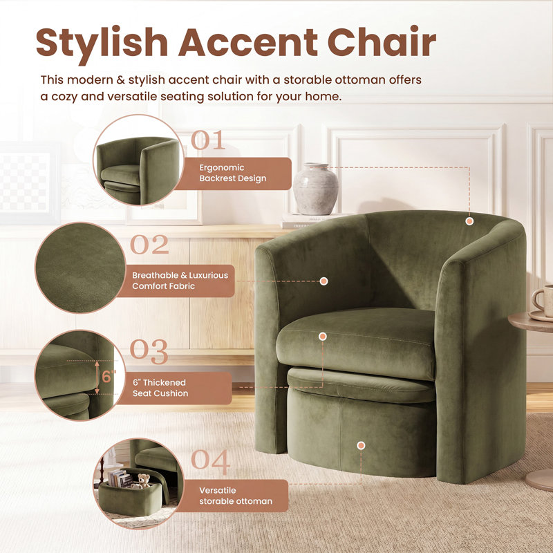 Kyah Upholstered Barrel Chair with Ottoman, Green Velvet