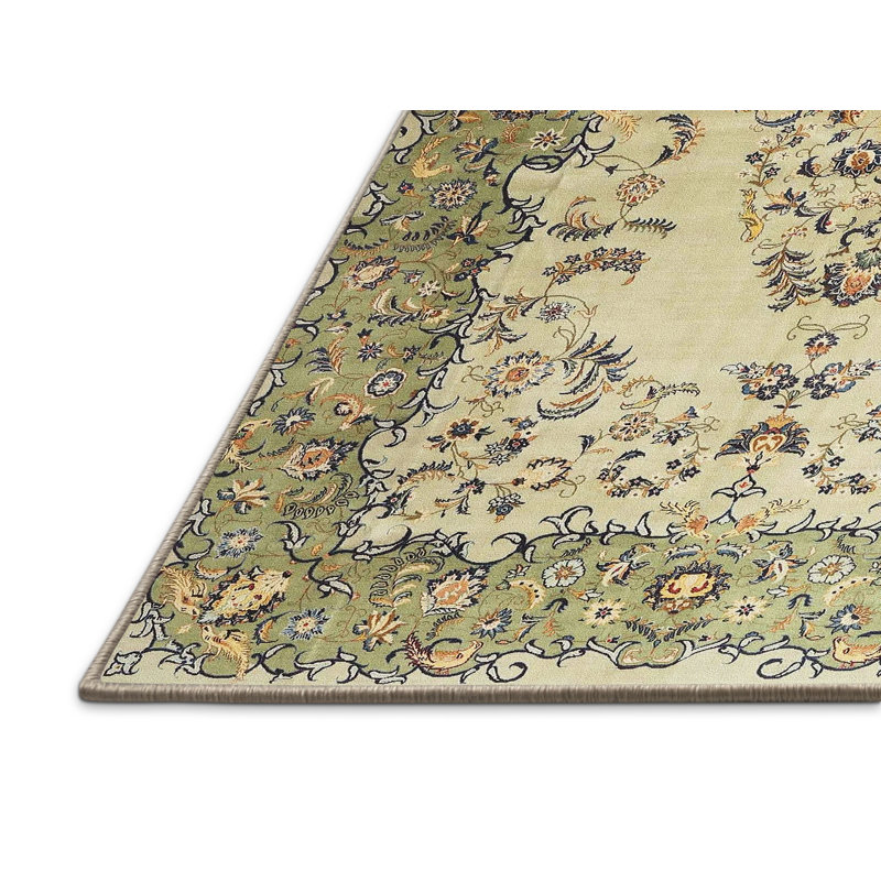 Tapis traditionnel vert / beige, Rectangle 3 pi x 5 pi