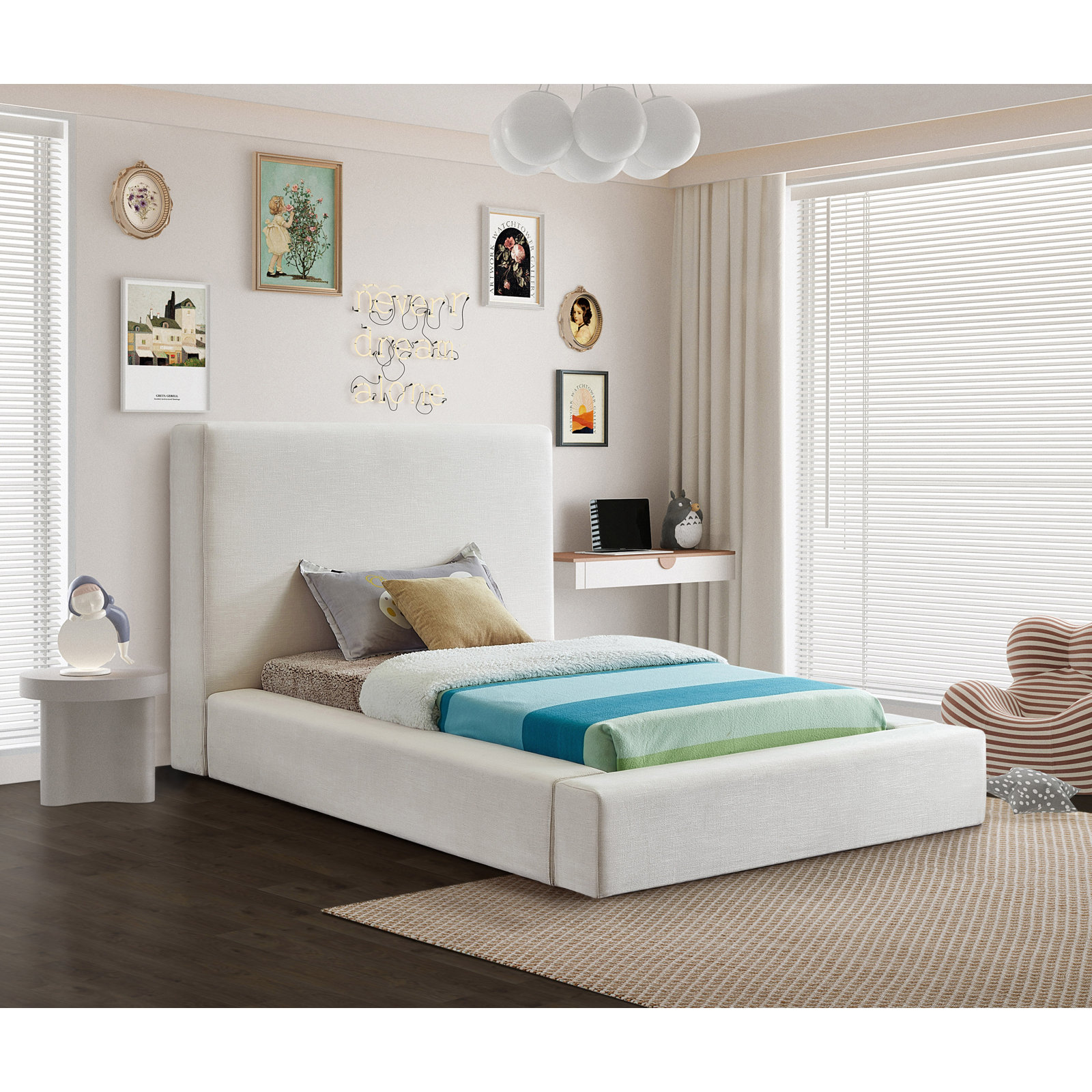 Ishia Velvet Upholstered Bed, Twin, Cream Linen