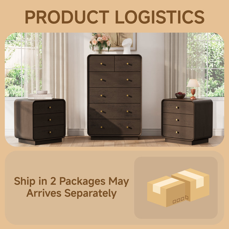 Ensemble de chambre à coucher, Brown, 3 Pcs: 2 Nightstands, Chest