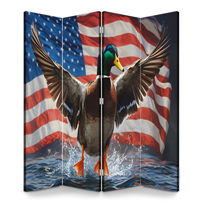4 Panels Folding Screen Room Divider for Man Cave Royal Mallard Duck Farmhouse American Flag Patriotic Canvas Screen Room Separator Freestanding Protective Wall Divider Privacy Partition Cabin