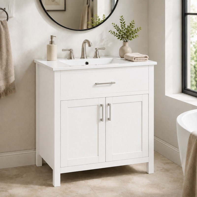 Meuble-lavabo autoportant de 76 cm de large avec porte, tiroir intérieur et dessus en céramique, Blanc