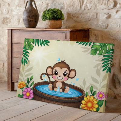 Toile, un joli singe de style dessin animé avec des oreilles surdimensionnées est assis dans une petite baignoire ronde en bois remplie d'eau