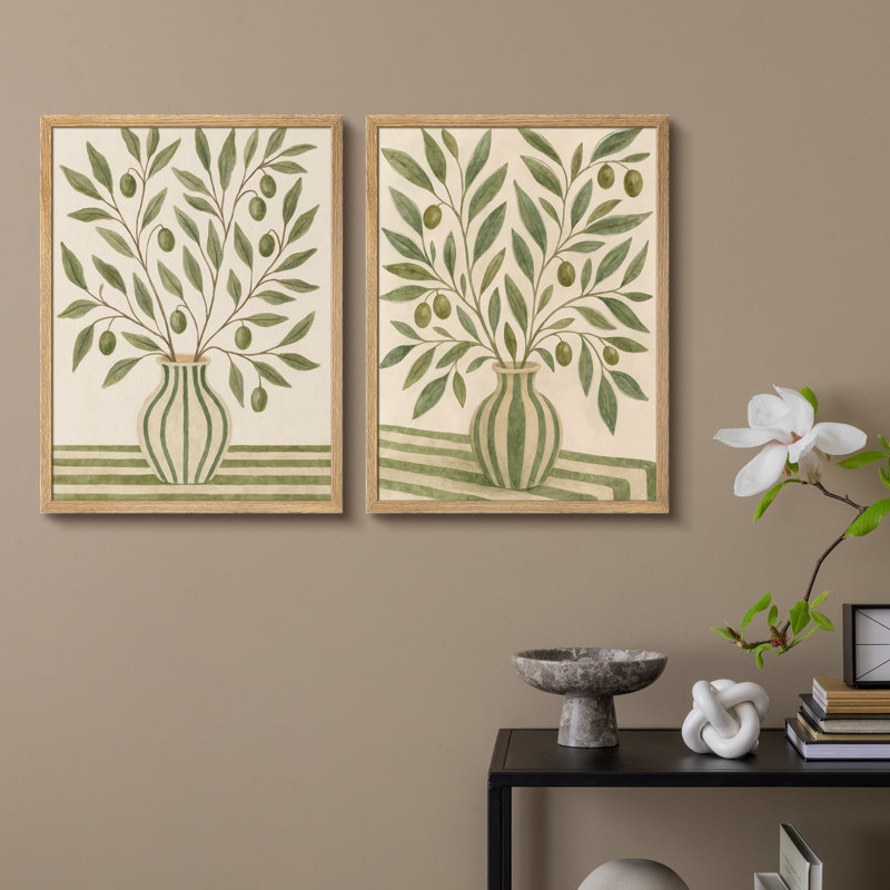 "Olive Branch", ensemble de 2 reproductions d'art mural encadrées dans un vase, Naturel, H 10 po x l 8 po