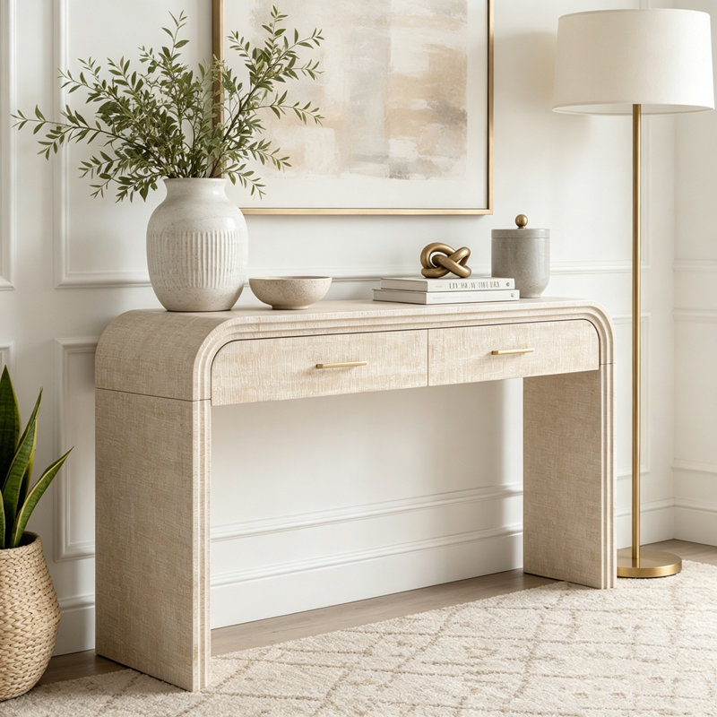 Console à silhouette rétro unique avec deux tiroirs supérieurs, Natural Wood Wash