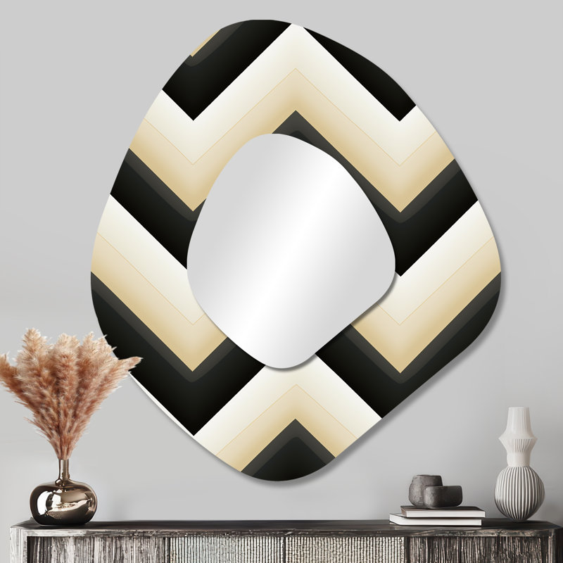 Monochromatic Chevron Motion I - Chevron Asymmetrical Unique Mirror, White Freeform Large Wall Mirror, Printed Metal Art