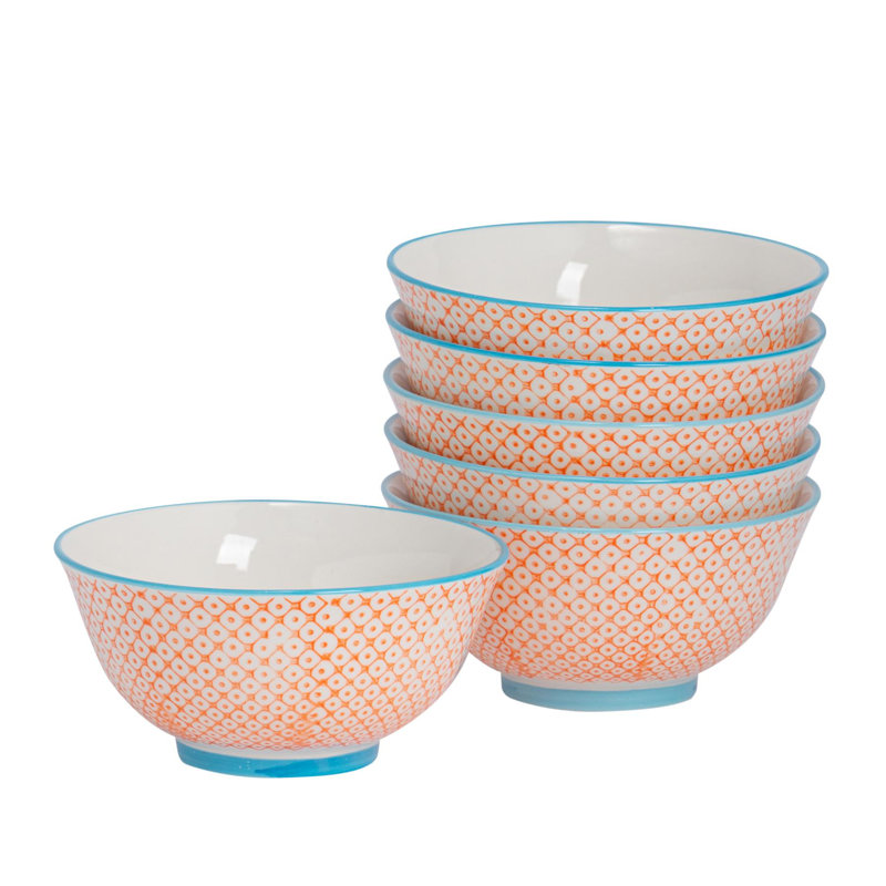 Nicola Spring Hand-Printed Cereal Bowls - 16cm - Orange - Pack of 6