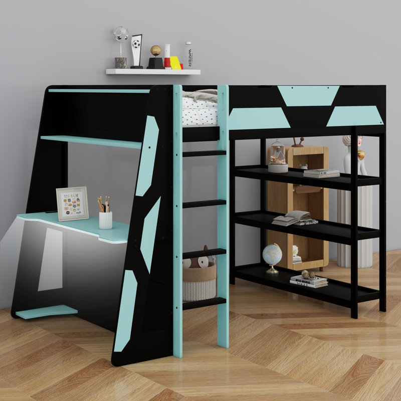 Multi-Functional Gaming Loft Bed Frame with Desk, Shelves and LED Lights, Black+Blue