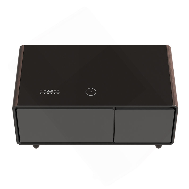 Coffee Table With Built-In Fridge And Freezer Drawers, Bluetooth Speaker, Wireless Charging, Touch Control Panel, USB Interface, Outlet Protection, Atmosphere Light