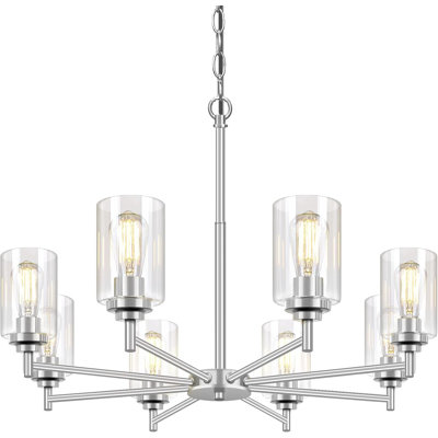 Modern Farmhouse Chandelier With Clear Glass Shades, Adjustable Height, 8-Light Pendant Lighting For Dining Room, Kitchen Island, Living Room, Foyer, Industrial Gold Ceiling Light Fixture