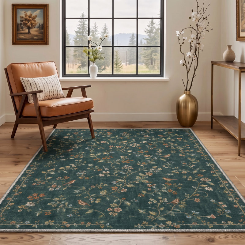 Tapis floral vert / ivoire lavable à la machine avec envers antidérapant, Rectangle 5 pi x 7 pi