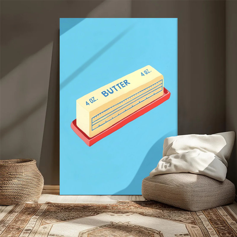 Bâton de beurre étiqueté «4 oz» sur un plateau rouge, style d'illustration numérique minimaliste. Art mural encadré en toile - Cadre en bois massif de 24 po x 36 po et 1 po d'épaisseur pour le salon ou la chambre à coucher