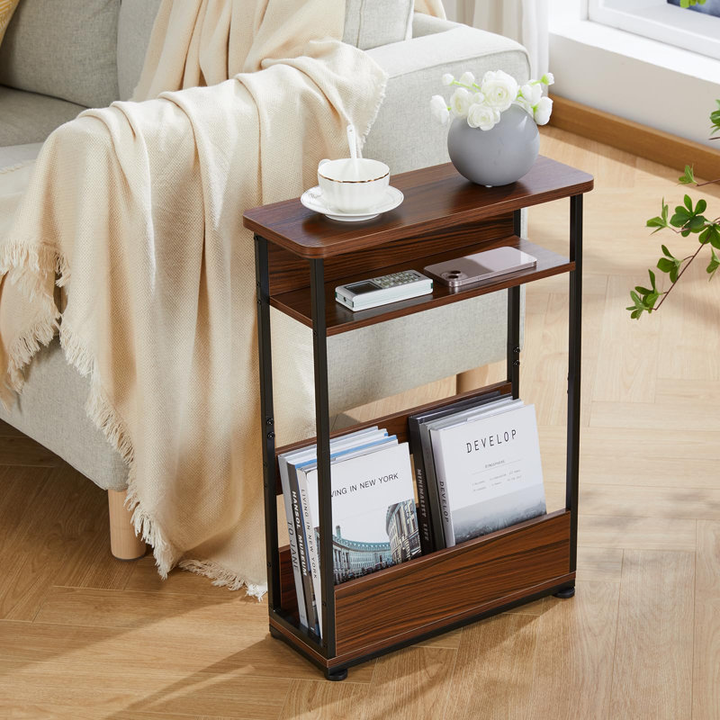 Industrial Rustic 3 Tier Side Table With Magazine Rack, Cherry