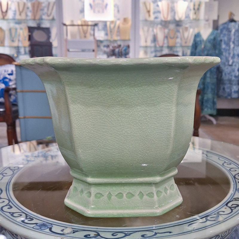 Handmade Ceramic Basin, 8" H x 9.5" W x 8" D, Green