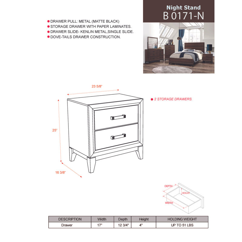 Table de chevet 2 tiroirs Margrith