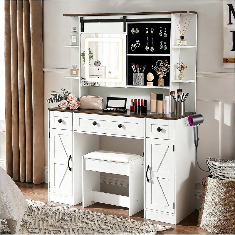 Barn Door Vanity Table with Mirror and Lights,16" Smart Mirror with 3 Color Modes, Sliding Concealed Storage, Glass and Wood Top, Power Outlet and USB, X‑Pattern Cabinets, Padded Stool