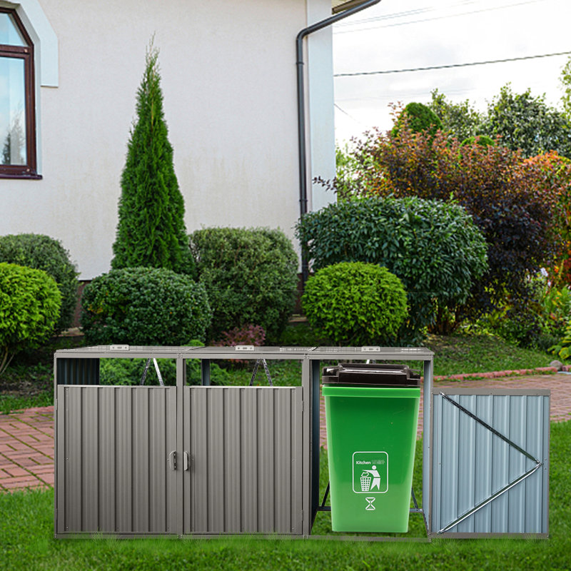 Remise en métal pour poubelle en gris - peut accueillir 3 poubelles, rouille, facile à assembler et à ranger pour éviter la pourriture, l'assemblage