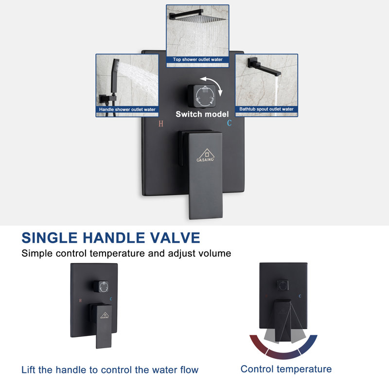 Matte Black 12" Wall Mount Square Shower System with Handheld Spray