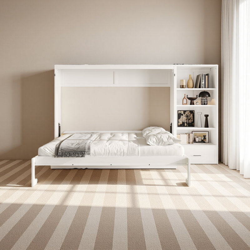 Grand lit escamotable avec compartiments de rangement à hauteur réglable et tablette, cadre de lit mural avec 1 tiroir, lit plateforme pliable multifonctionnel pour petit espace, chambre à coucher, chambre d'amis