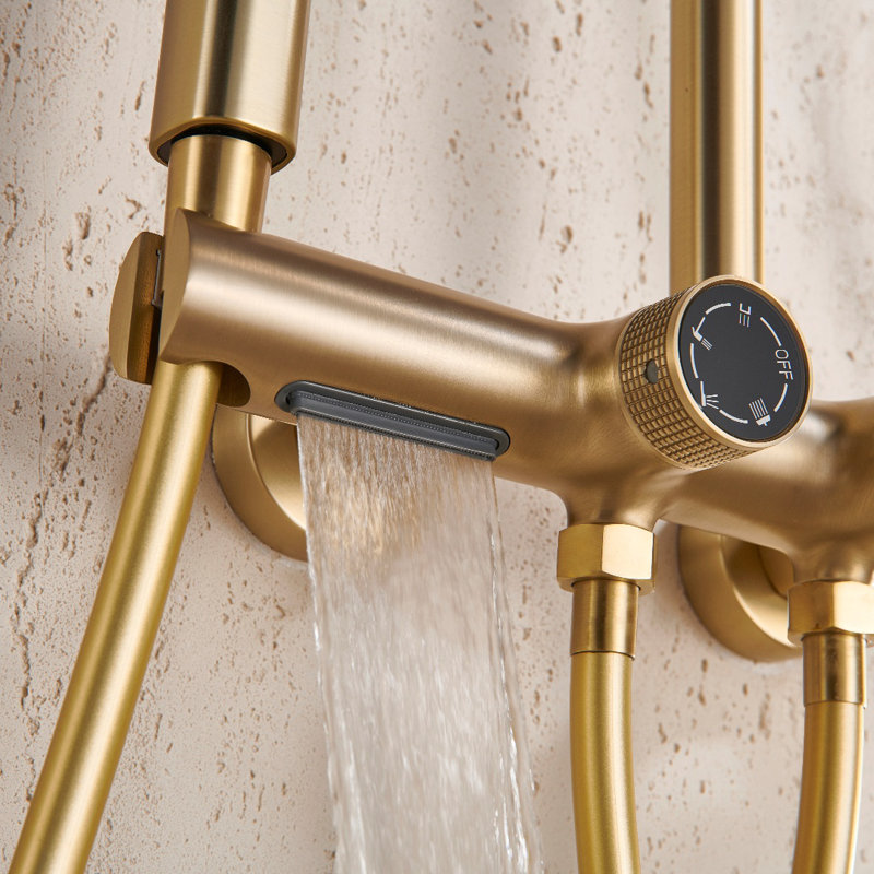 Wall Mounted Four Function Thermostatic Bathroom Shower System Rain Shower Heads, Brushed Gold