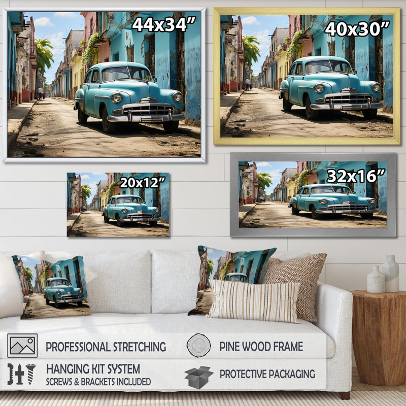Cuban Classic Blue Car - Transportation Wall Art Living Room, Toile tendue, H 12 po x l 20 po
