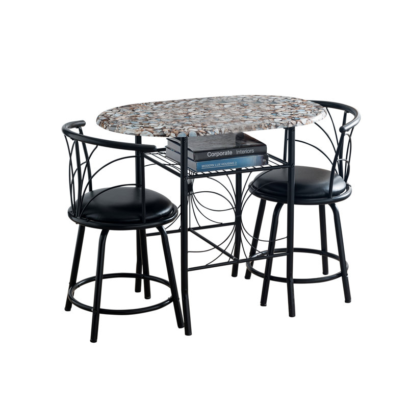 Moronta 3 Piece Dining Table Set with Cobblestone Top - Breakfast Table with 2 Chairs - 2 Seat Dining Table Set for Small Spaces - Round Table Set with Faux Marble Top