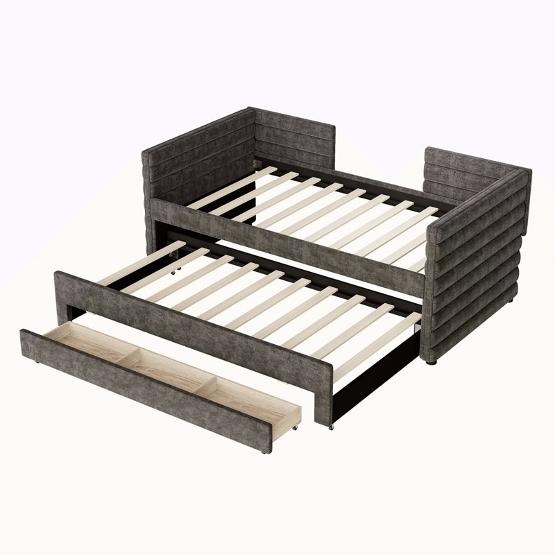 Lit de jour simple rembourré avec lit gigogne et 3 tiroirs de rangement, canapé-lit en tissu de chenille pour chambre d'amis, salon, cadre de lit de jour moderne peu encombrant, sans sommier tapissier, gris