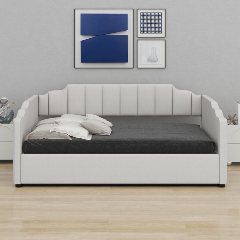 Lit de jour rembourré avec rangement inférieur, Beige, Lit double