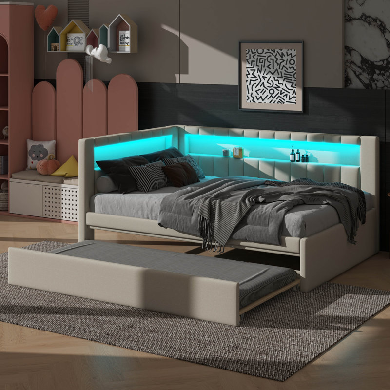 Entirely Upholstered Platform Bed Boasting USB Ports, LED Lighting, And A Trundle, White