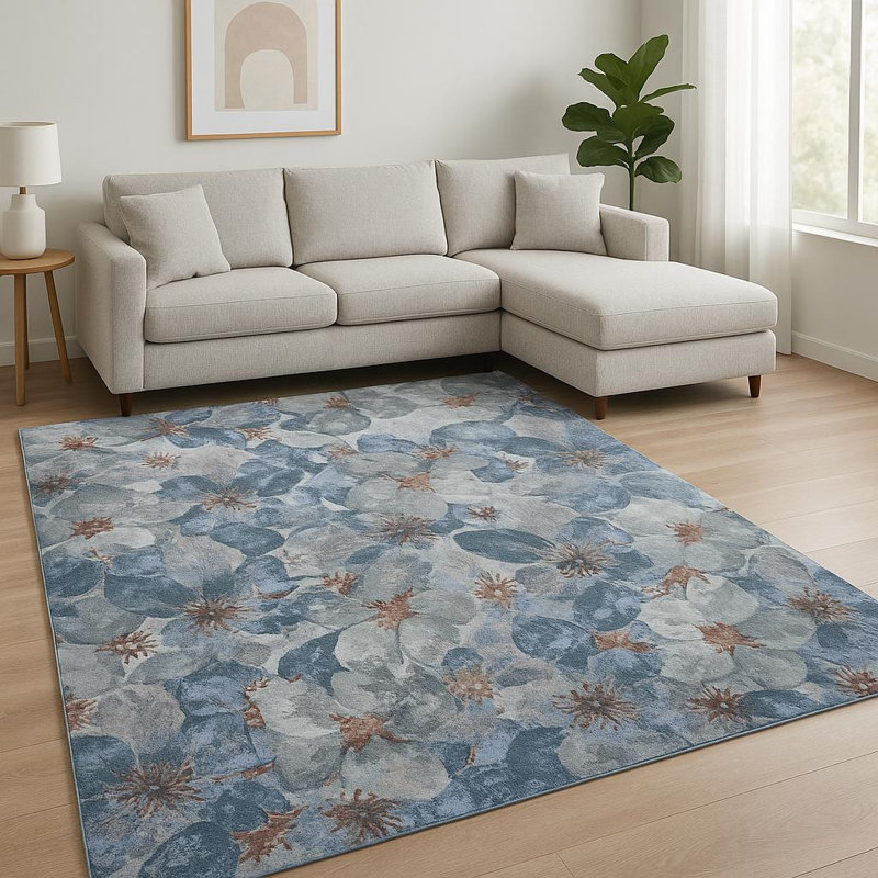 Tapis bleu abstrait noué à la main 8 pi x 10 pi