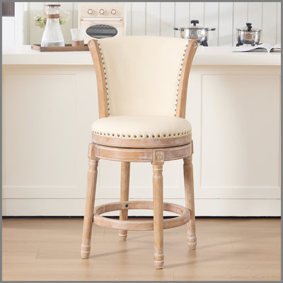 Tabourets de bar en cuir de vache avec dessus en bois, chaise de bar pivotante à 360 degrés avec dossier haut, tabourets de bar à hauteur de comptoir pour la cuisine, la salle à manger et le bar (beige, 1 pièce)