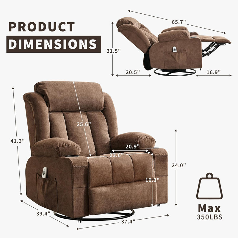 Fauteuil inclinable avec chaleur et massage, fauteuils inclinables surdimensionnés avec télécommande, Brun