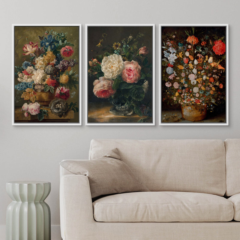 Vintage Floral Patterns " Classic Colourful Assorted Bouquet Flowers Elegant Floral Botanical Rustic Vintage Decor " 3 - Pieces