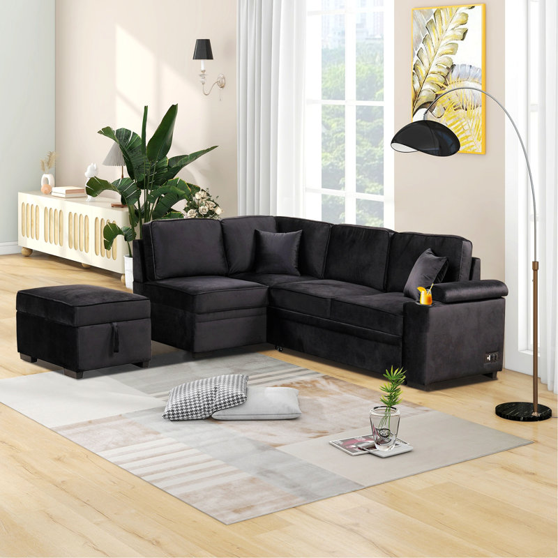 Perse 87.3'' Velvet Sleeper Sofa, Black Velvet