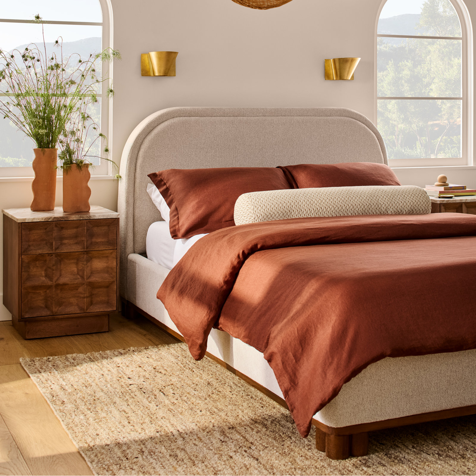 Nena Linen Percale Duvet Cover Set, Full/Queen Duvet Cover + 2 Standard Shams, Rust