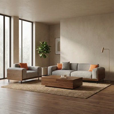 3 Piece Modern Gray Fabric Sofa Set With Wood Frame Armchair Coffee Table